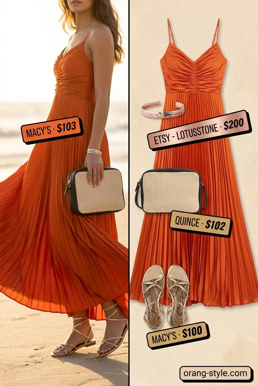 Summer Breezy Day Outfits for Women 2026: Sunset orange maxi dress, tan sandals, raffia bag for elegant evening wear.