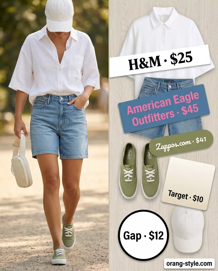 Summer Breezy Day Outfits for Women 2026: Light wash denim shorts, white linen shirt, olive green sneakers for casual outings.
