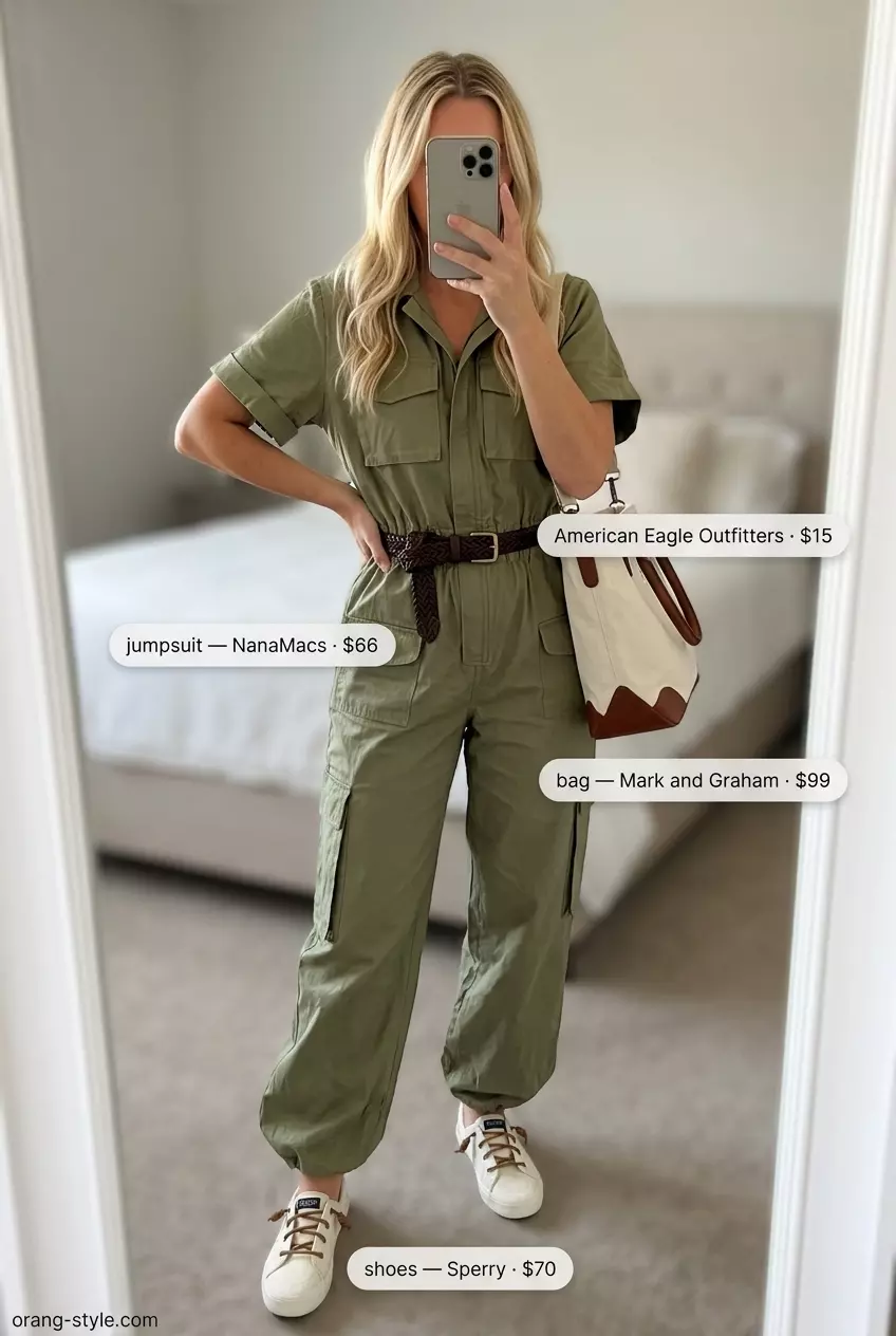 Olive green utility jumpsuit for Summer Breezy Day Outfits for Women 2026. Paired with cream sneakers & canvas tote.