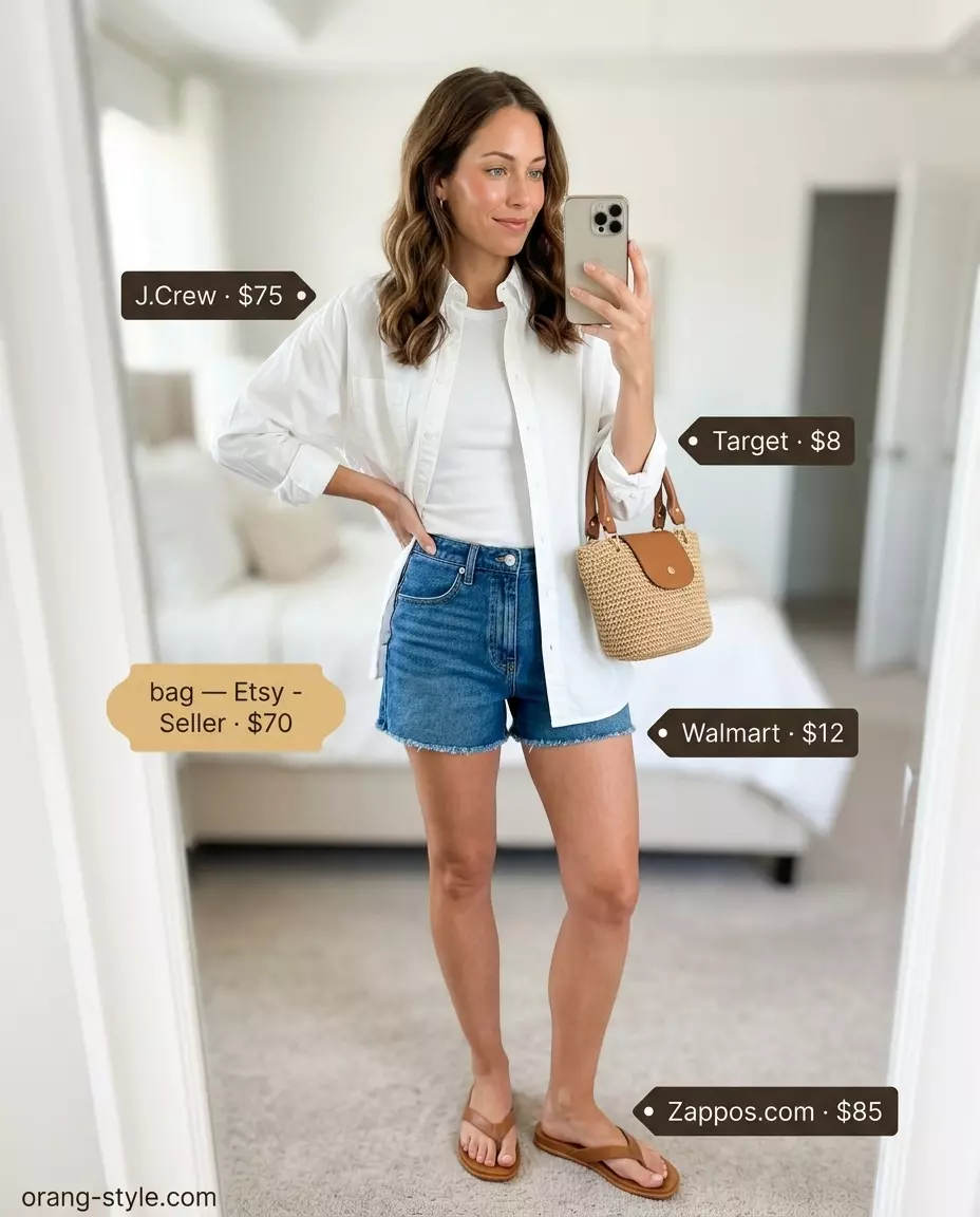 Summer Breezy Day Outfits for Women 2026: White oversized shirt, denim shorts, straw tote for effortless casual style.