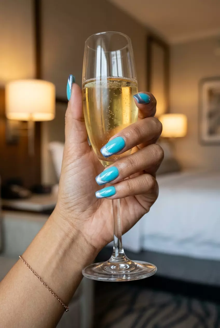 Aqua Cat Eye French Tip Nails 2026 Aqua Cat Eye French Tip nails for summer 2026: Playful almond nails with bright aqua base and silver/blue magnetic tips.