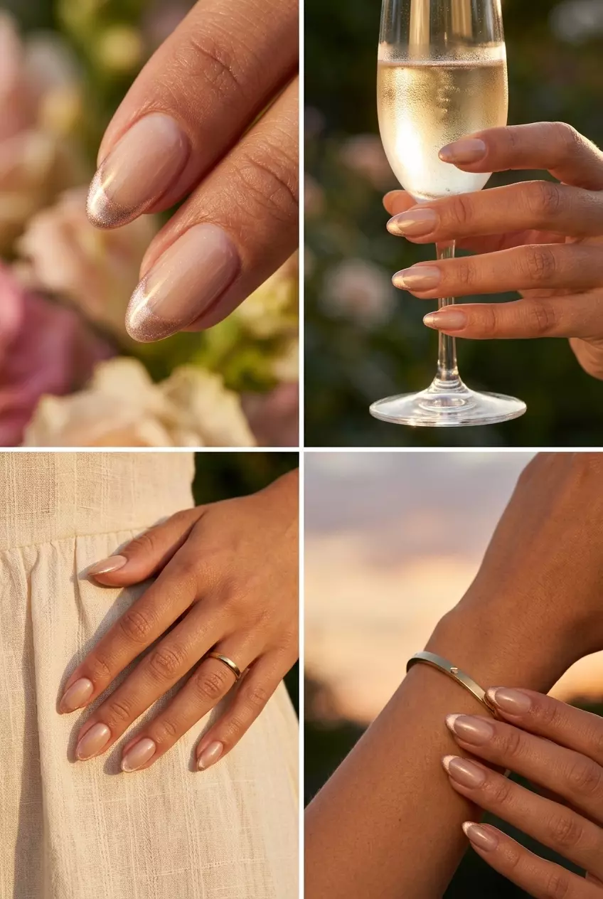 Champagne Cat Eye French Tip Nails 2026 Champagne Cat Eye French Tip nails for summer 2026: Sophisticated almond nails with a subtle gold/rose gold magnetic shift.