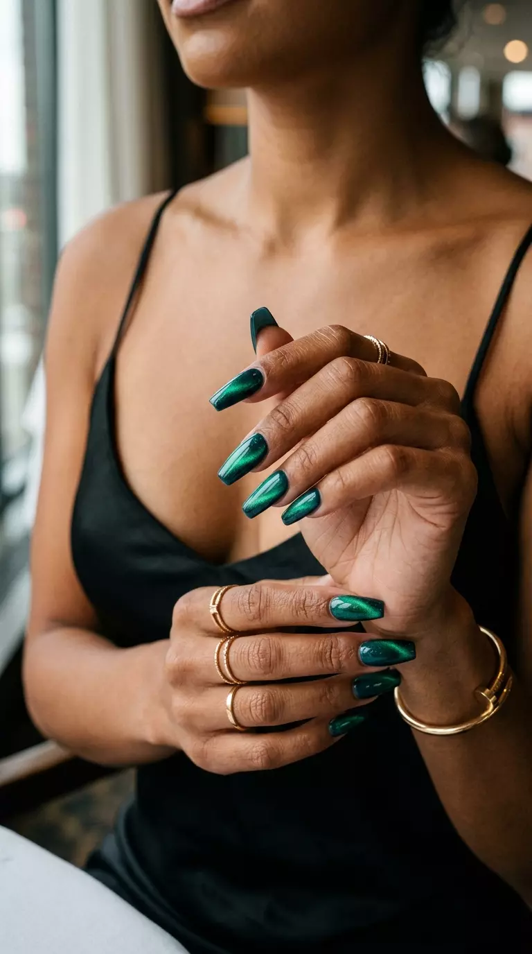 Deep Teal Cat Eye Coffin Nails 2026: Sultry Night Out Style Sultry deep teal cat eye coffin nails for summer parties and nights out. Dramatic emerald green shift.
