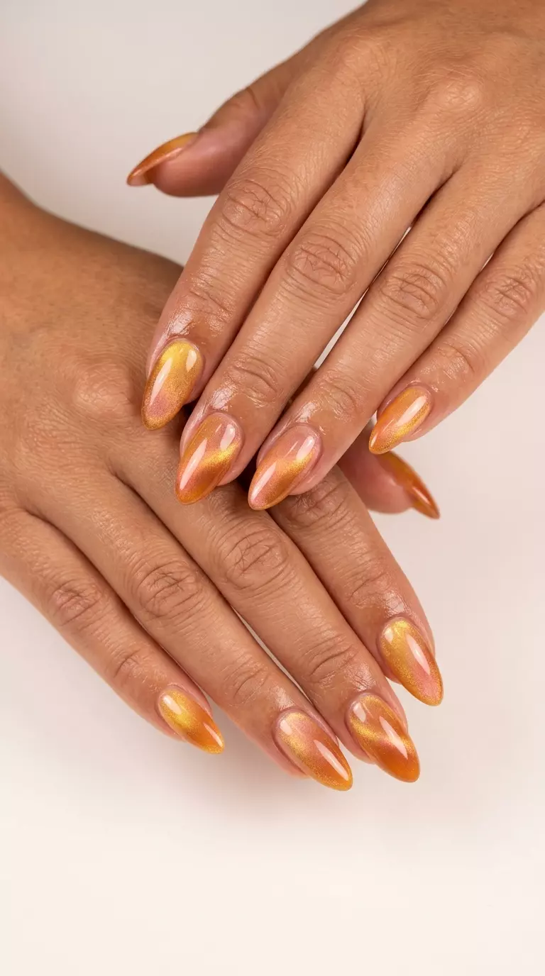 Golden Hour Cat Eye Gradient Nails 2026: Romantic Vacation Style Dreamy golden hour cat eye gradient nails for vacations and romantic dates. Warm sunset hues.