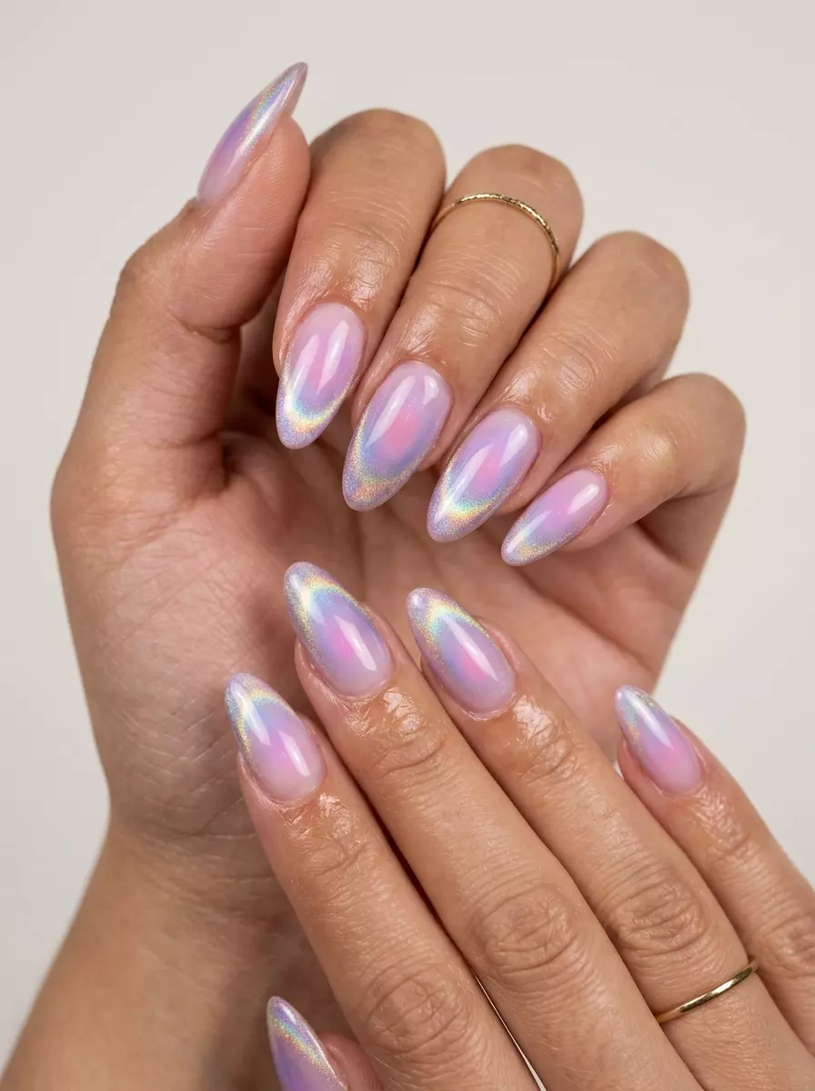 Iridescent Cat Eye Aura Nails 2026 Iridescent cat eye aura nails for summer 2026, dreamy for festivals and parties.