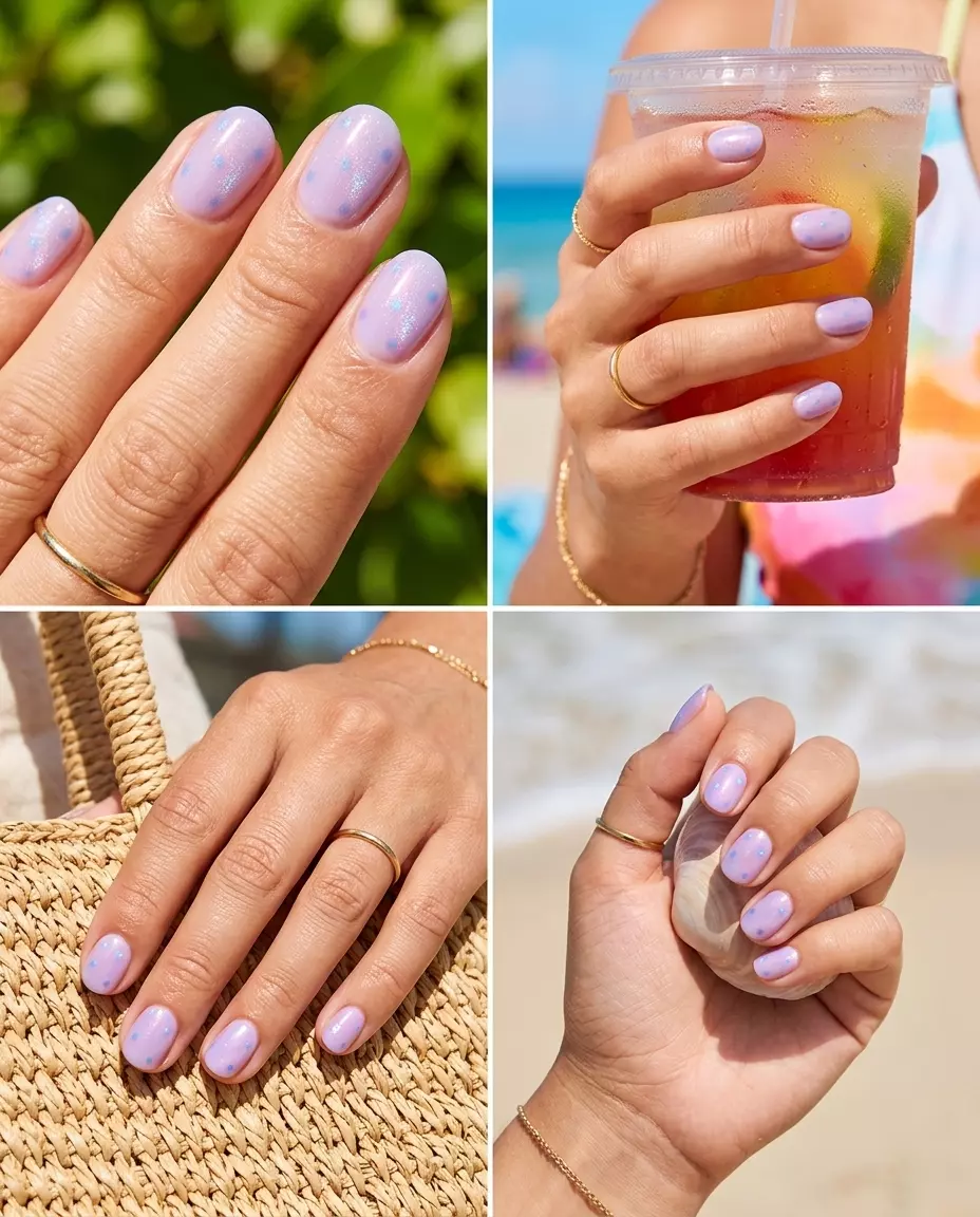 Lavender Cat Eye Dots Nails 2026: Casual Summer Charm Lavender Cat Eye Dots nails for casual summer outings 2026. Whimsical style with iridescent shimmer.