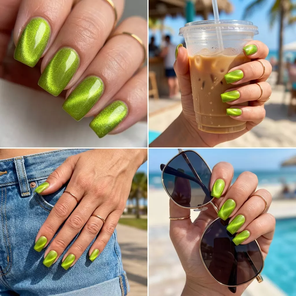 Lime Green Cat Eye Radiance Nails 2026: Bold Summer Fun Lime Green Cat Eye Radiance nails for summer parties 2026. Playful, bold style with intense magnetic shift.