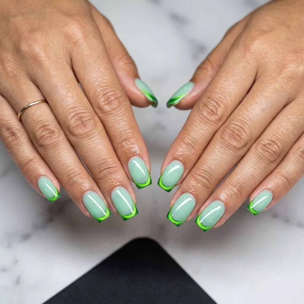 Mint Green Cat Eye French Tip Nails 2026 Mint Green Cat Eye French Tip nails for summer 2026: Polished medium almond nails with a vibrant green magnetic shift.