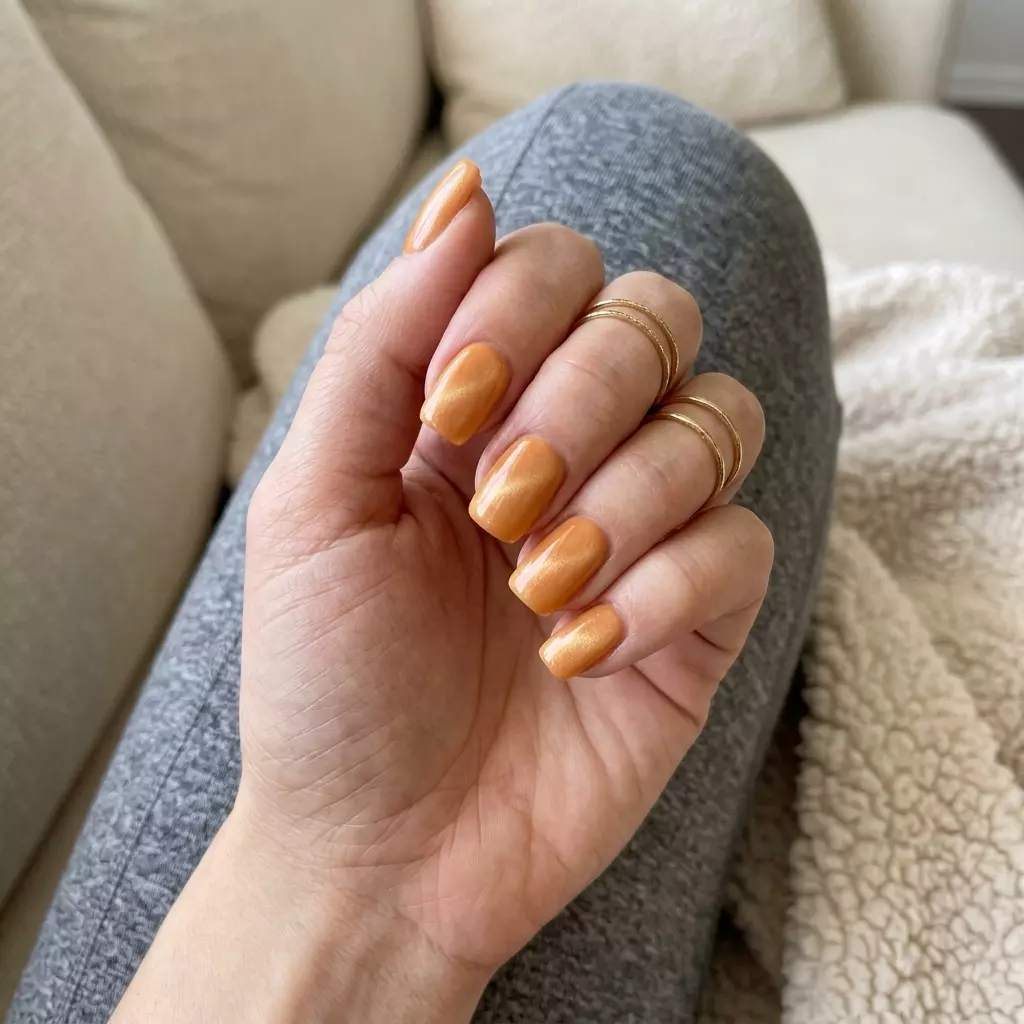 Peach Sorbet Cat Eye Nails 2026 Peach Sorbet Cat Eye nails for summer 2026: Playful short squoval nails with creamy peach and soft gold magnetic shift.