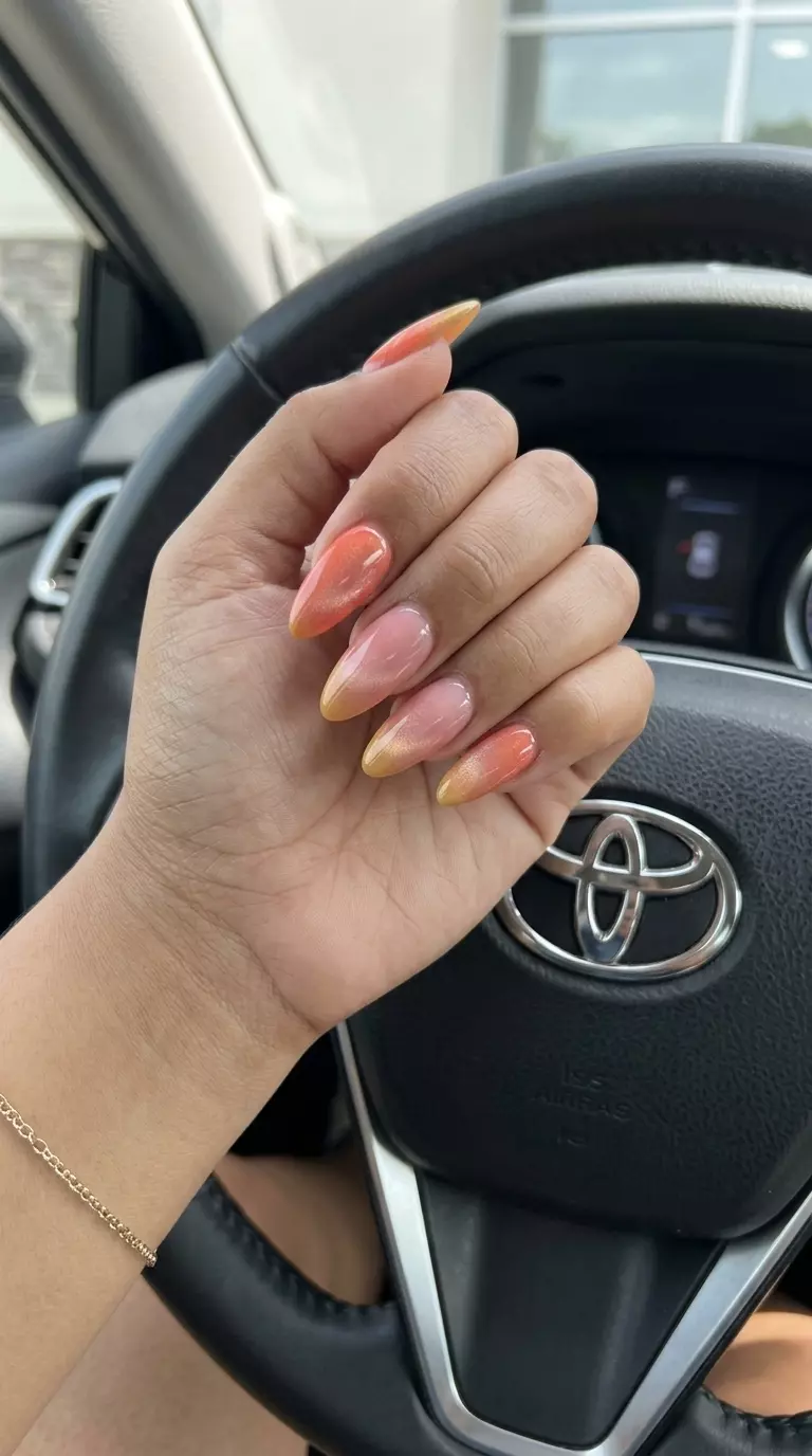 Sunset Ombre Cat Eye Nails 2026: Romantic Vacation Style Sunset Ombre Cat Eye Nails 2026: Romantic gradient nails ideal for vacation evenings and summer parties.