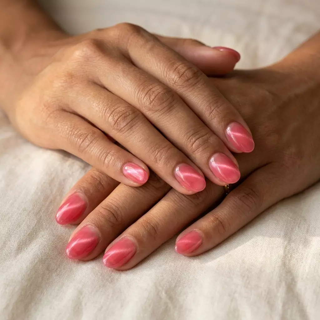 Watermelon Jelly Cat Eye Nails 2026: Summer Festival Style Juicy watermelon pink jelly cat eye nails for summer festivals and beach days. Vibrant, glossy finish.