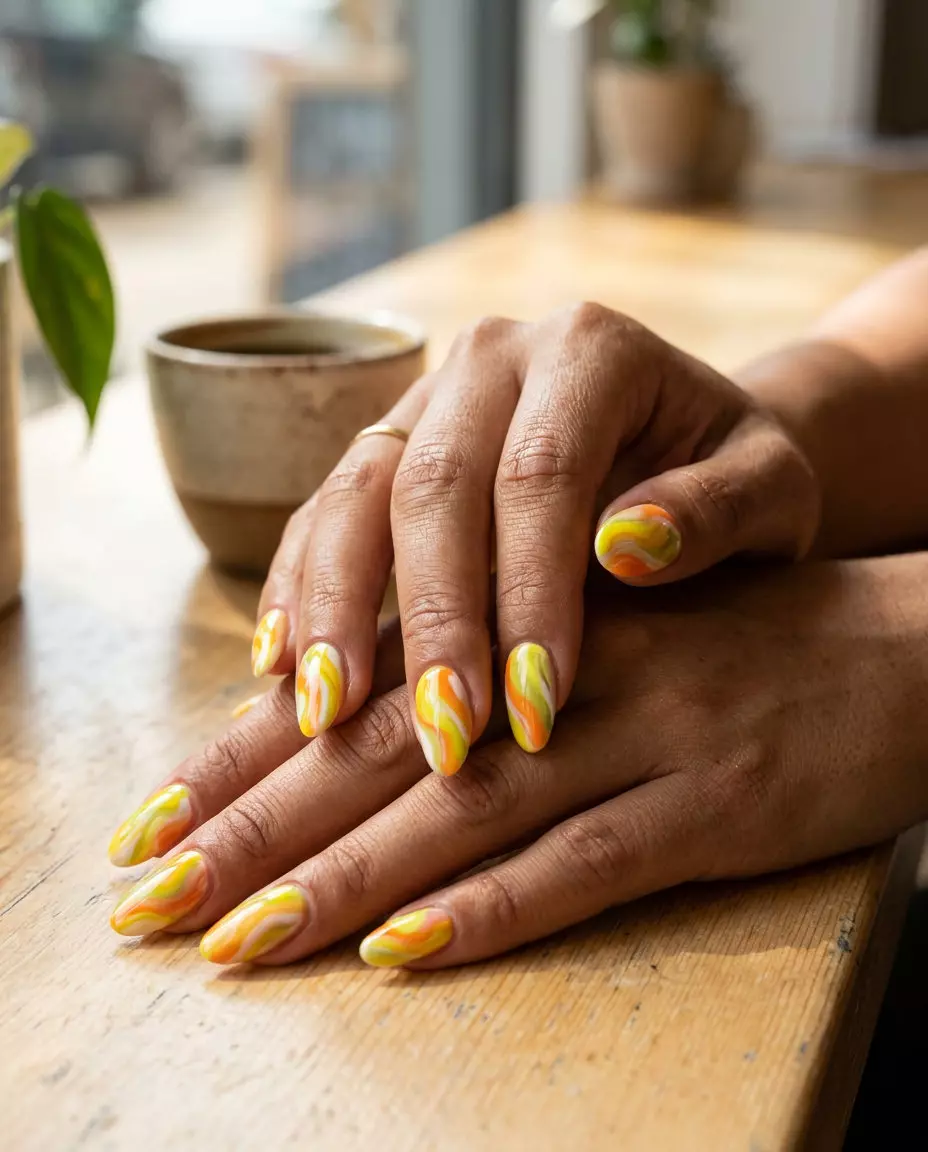 Summer Citrus Nail Art 2026: Abstract Citrus Swirls Bohemian Abstract Citrus Swirls nails for summer citrus nail art 2026. Artistic event nails in lemon yellow, orange, and white.
