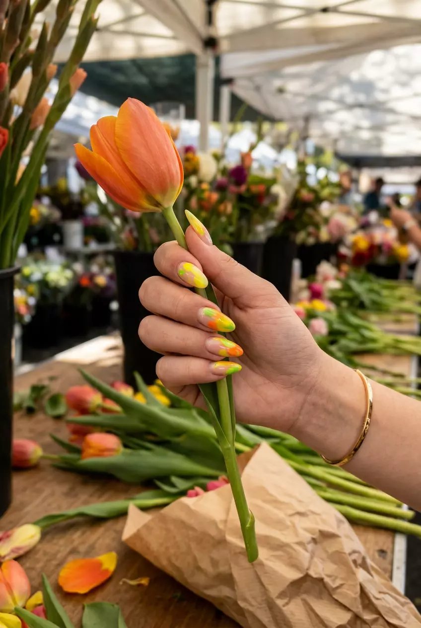 Artistic Citrus Splash Nails | Summer Citrus Nail Art 2026 Artistic Citrus Splash nails: abstract lemon, lime, orange splashes on long almond nails. Summer citrus nail art 2026.