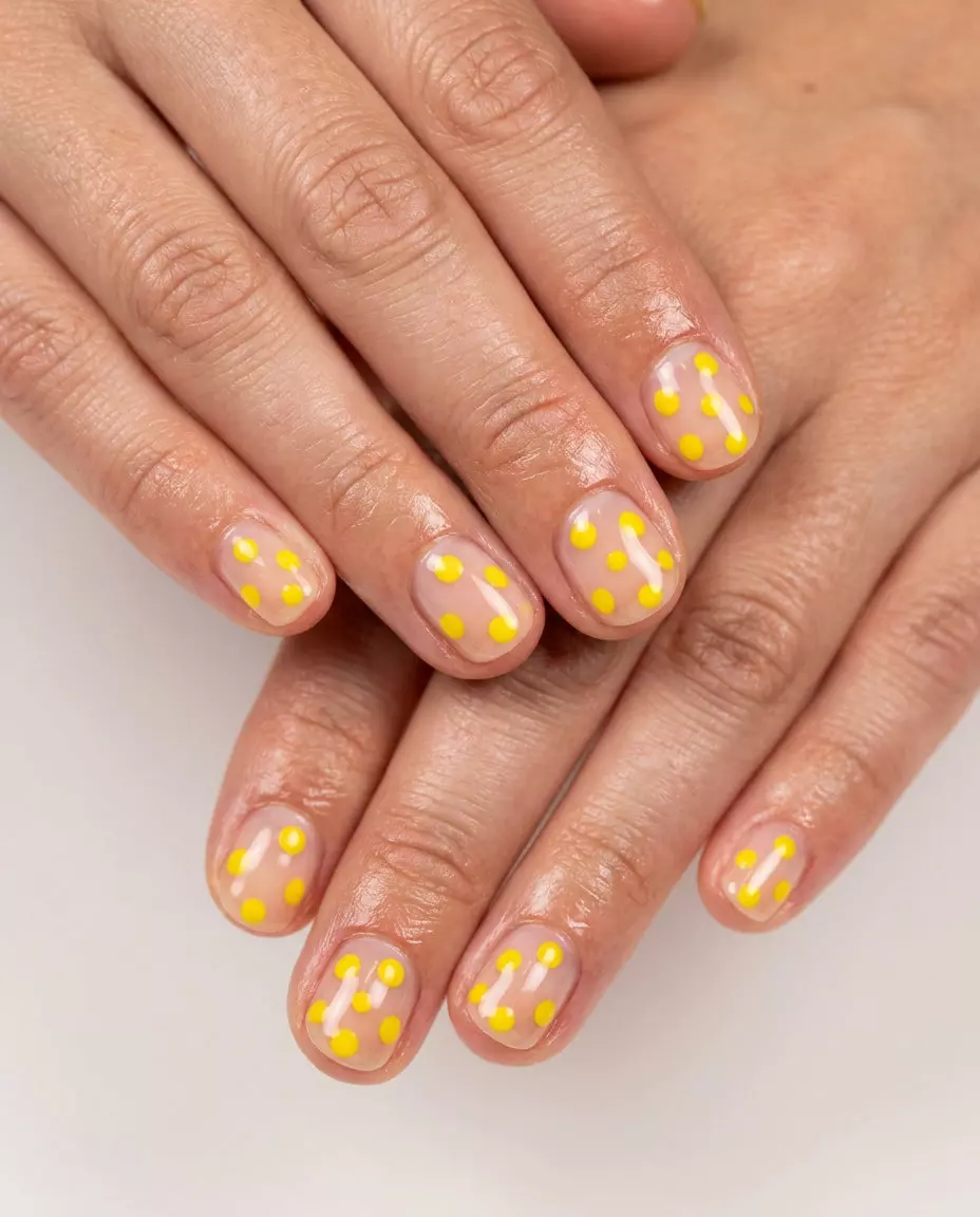 Daffodil Yellow Dot Nails 2026: Cheerful Summer Style Daffodil yellow dots on short rounded nails for summer citrus nail art 2026, perfect for casual weekends.