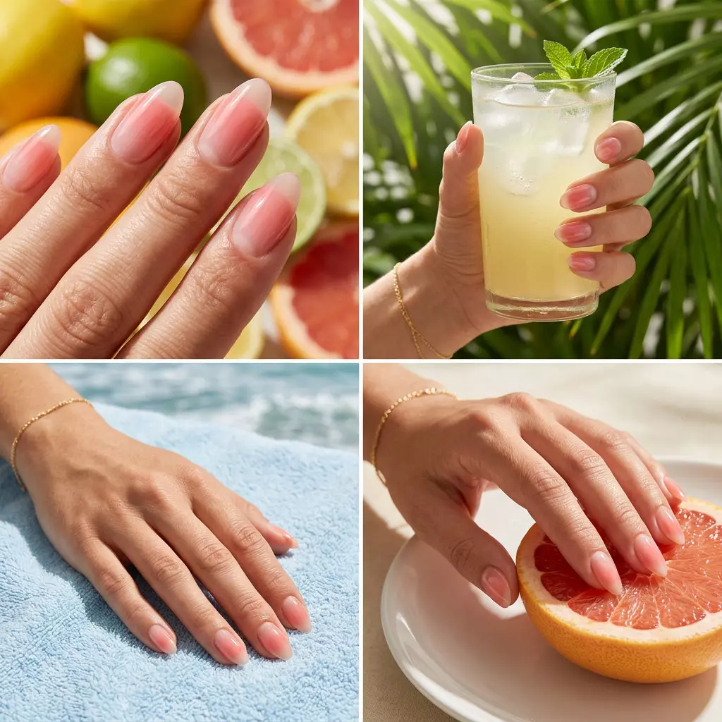 Grapefruit Jelly Ombre Nails | Summer Citrus Nail Art 2026 Rosy Grapefruit Jelly Ombre nails: sheer grapefruit pink gradient on medium almond nails. Summer citrus nail art 2026.