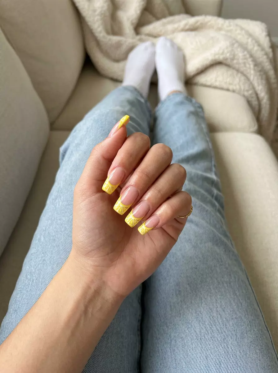 Summer Citrus Nail Art 2026: Lemon Slice French Tips Playful Lemon Slice French Tips for summer citrus nail art 2026. Fun vacation nails with sheer pink and yellow lemon art.