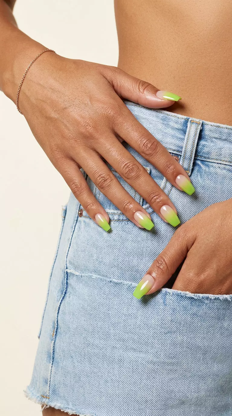 Lime Green Gradient Coffin Nails 2026: Festival Ready Lime green gradient coffin nails for summer citrus nail art 2026, ideal for festivals and summer parties.