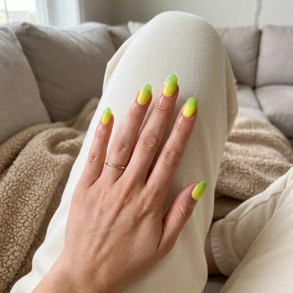 Lime Juice Aura Fade Nails 2026: Vibrant & Playful Lime juice aura fade oval nails for summer citrus nail art 2026, blending yellow and lime green.