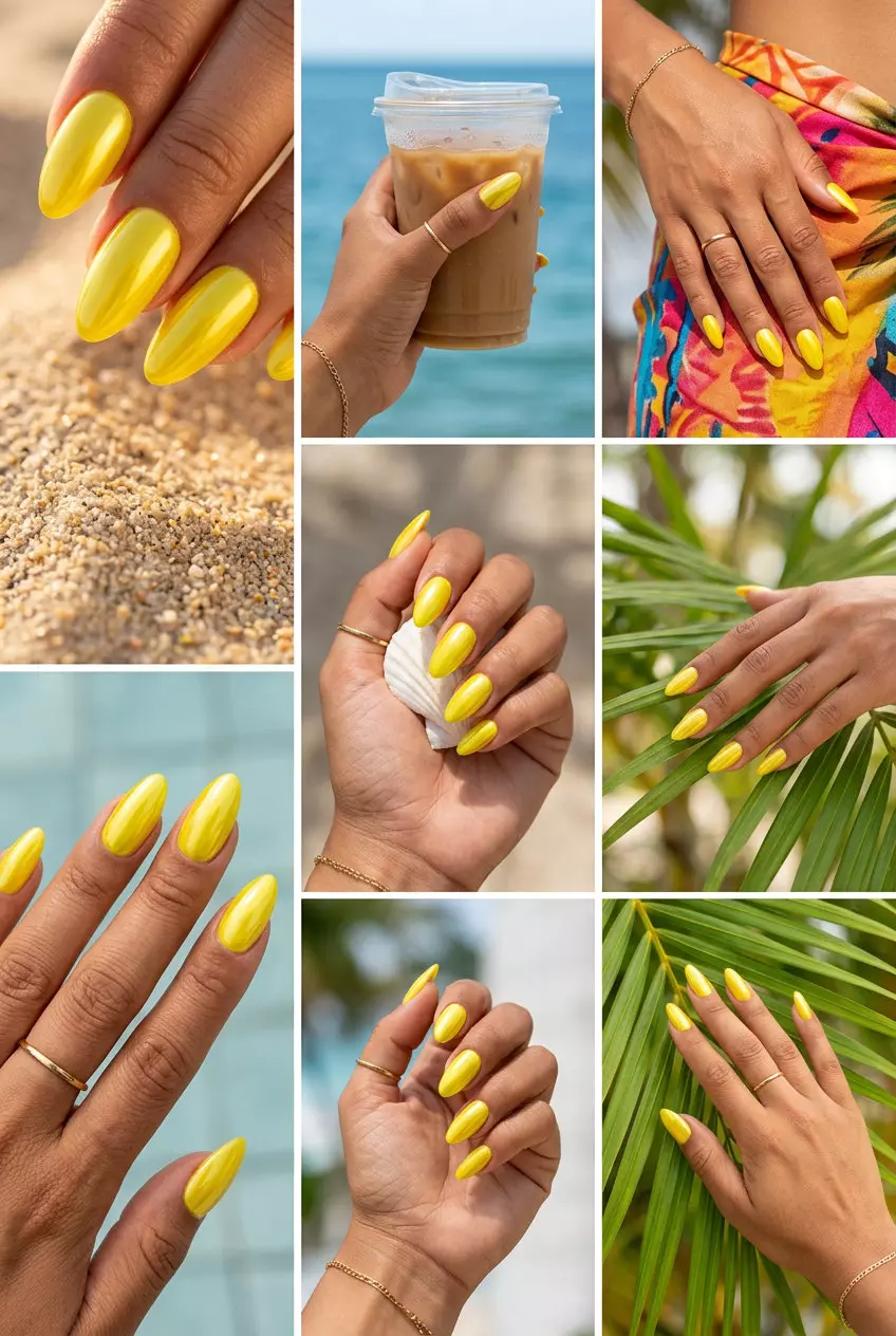 Yuzu Yellow Chrome Nails 2026: Summer Party Style Yuzu yellow chrome almond nails for summer citrus nail art 2026, perfect for parties and night outs.