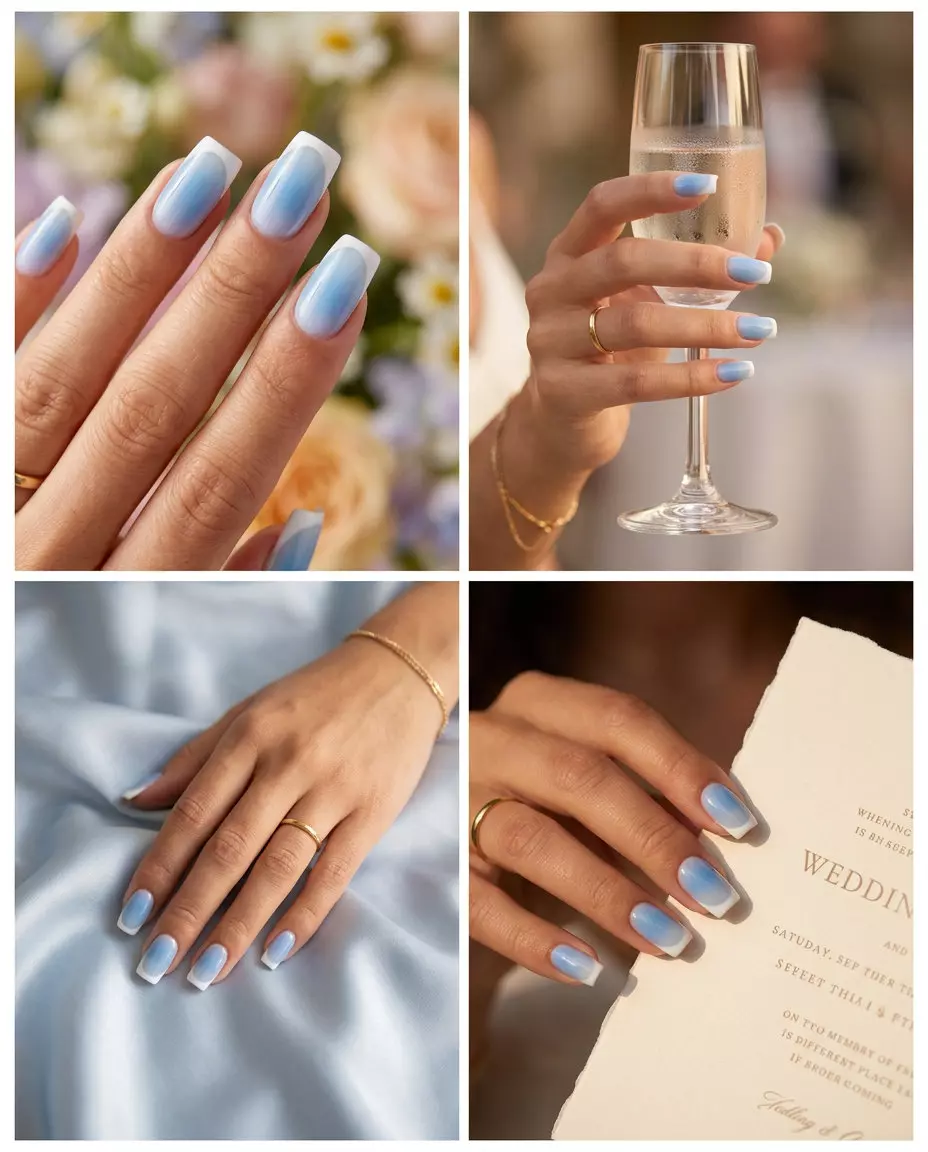 Summer Classy Nails 2026: Ethereal French Aura Ethereal French Aura nails: pale blue aura gradient with crisp white French tip for summer classy nails 2026.