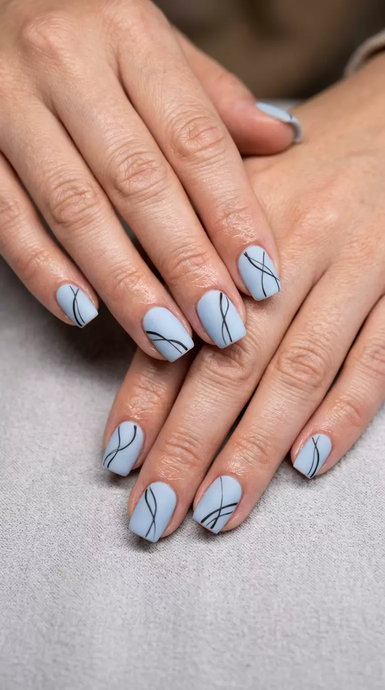 Summer Classy Nails 2026: Minimalist Blue Lines Edgy minimalist pale blue nails with thin black abstract lines for summer classy nails 2026.