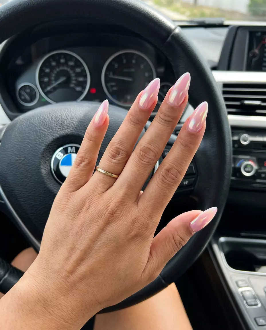 Sheer Pink Glazed Stiletto Nails 2026 Sheer Pink Glazed Stiletto nails: sheer pink with iridescent chrome shift. Radiant for summer classy nails 2026 events.