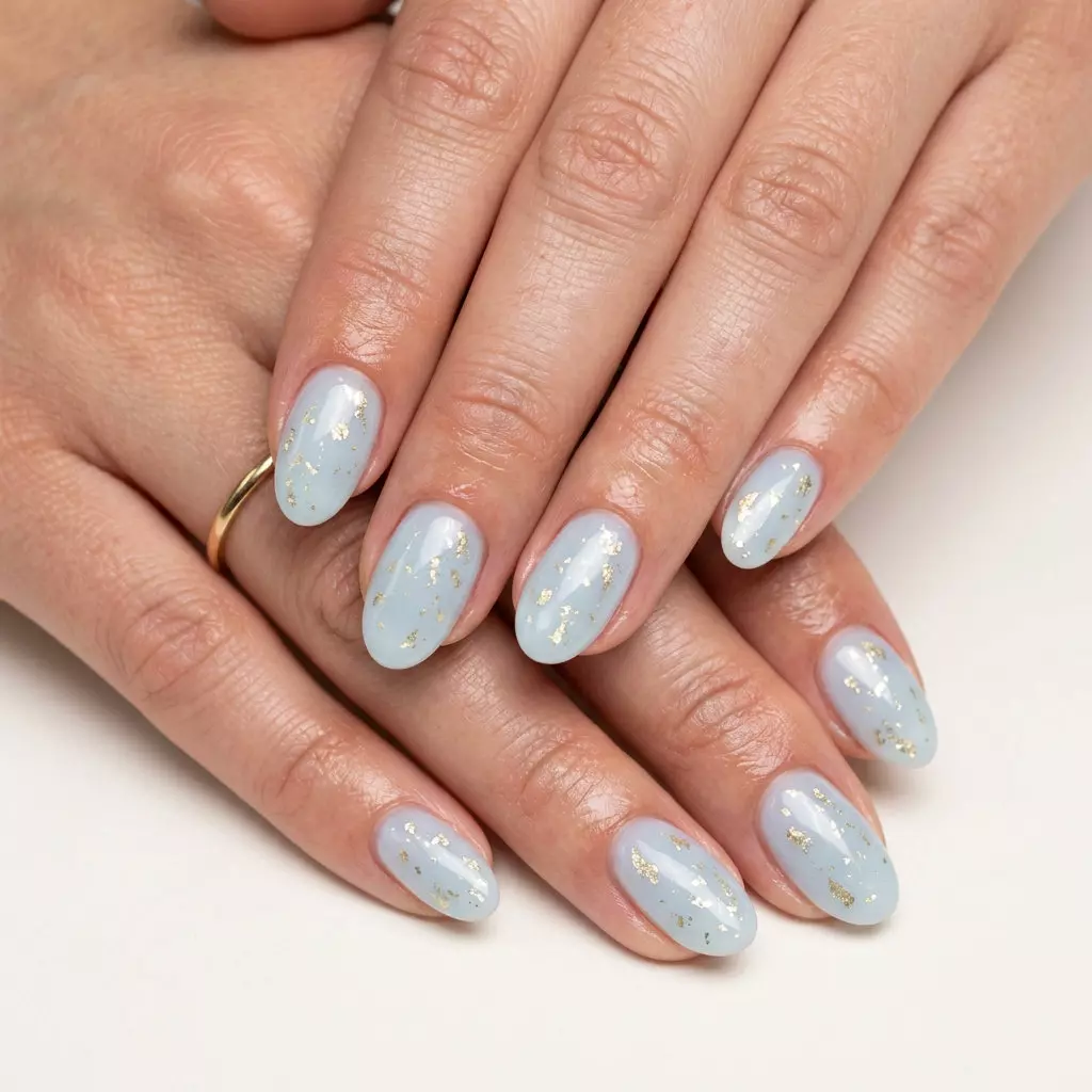 Shimmering Lake Almond Glaze Nails 2026 Shimmering Lake Almond Glaze nails: pale blue with gold foil flakes. Ethereal for summer classy nails 2026 vacation.