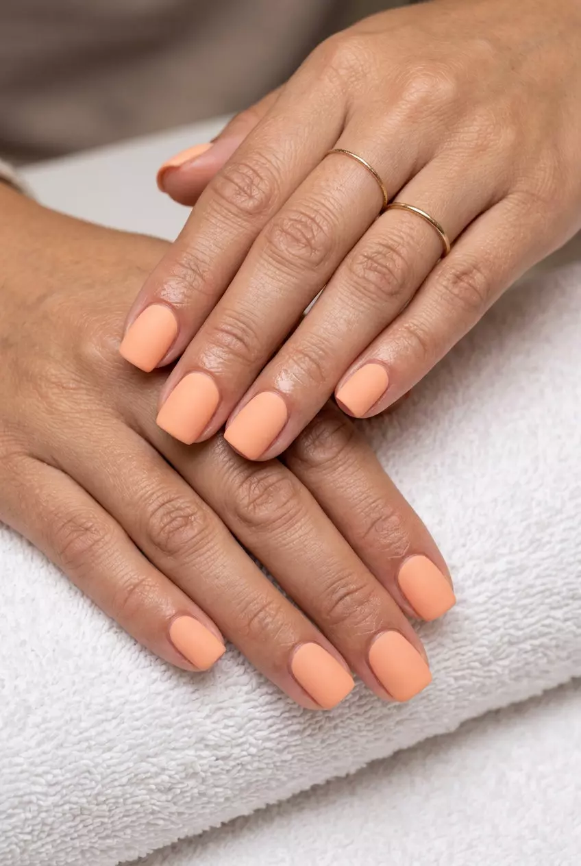Soft Peach Velvet Square Nails 2026 Soft Peach Velvet Square nails: warm peach with matte velvet finish. Cozy for summer classy nails 2026 casual wear.