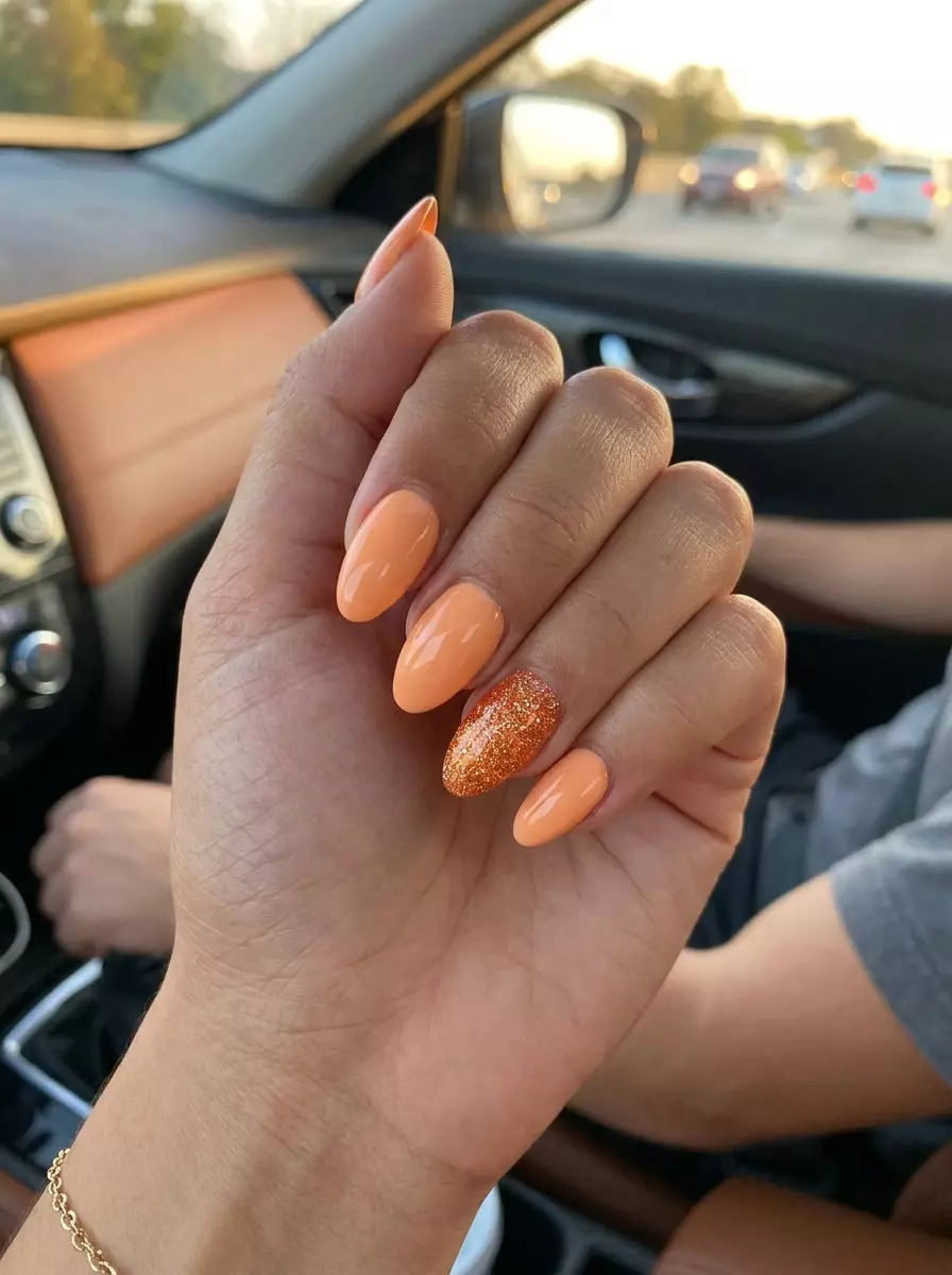 Summer Classy Nails 2026: Sparkling Peach Glam Glamorous peach nails with sparkling glitter accents, ideal for summer classy nails 2026 celebrations.