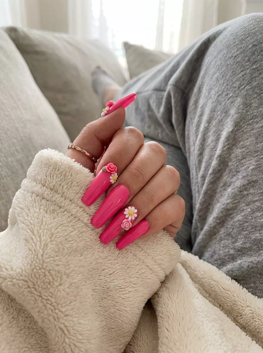 3D Floral Fantasy Coffin Nails 2026 3D Floral Fantasy Coffin nails: hot pink with multi-color floral charms. Summer colorful nails designs 2026.