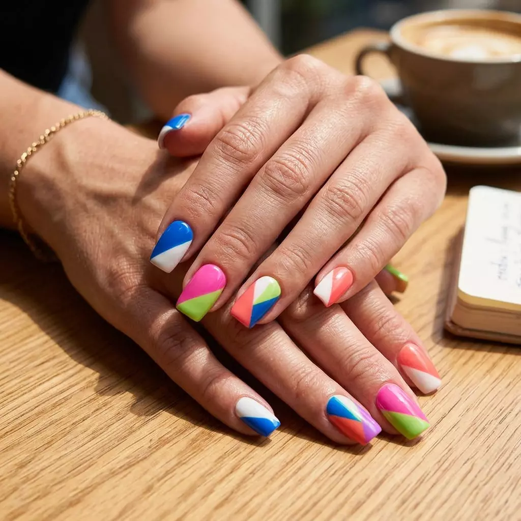Multi-Color Block Square Nails 2026 Abstract Multi-Color Block Square nails: bold geometric patterns. Summer colorful nails designs 2026.