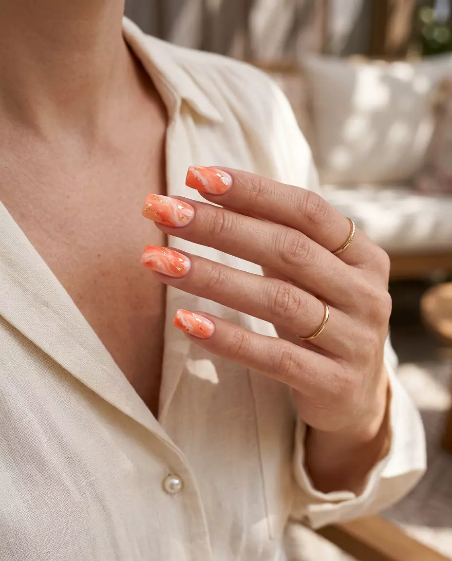 Coral Marble Chic Square Nails 2026 Coral Marble Chic Square nails: white with coral veins and gold foil. Summer colorful nails designs 2026.