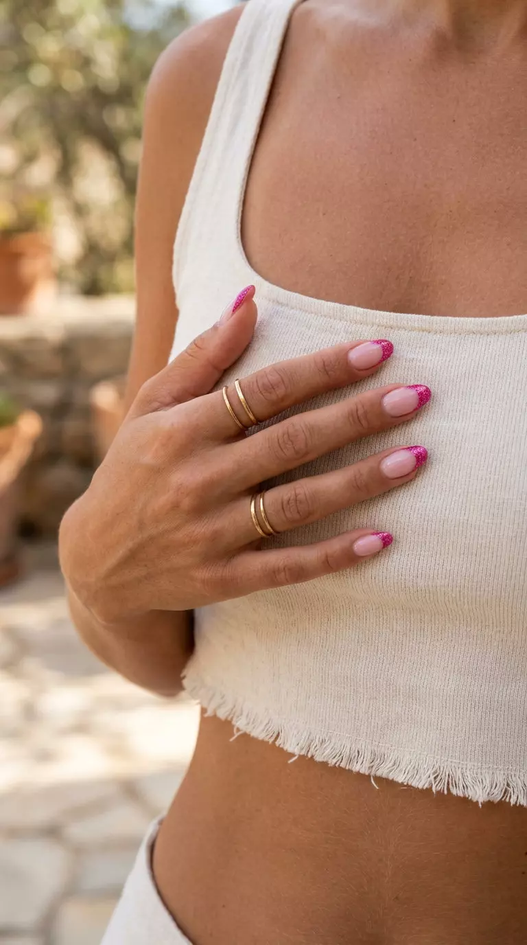 Summer Colorful Nails Designs 2026: Glitter French Glamorous hot pink glitter French tip oval nails for summer colorful nails designs 2026. Perfect for date night.