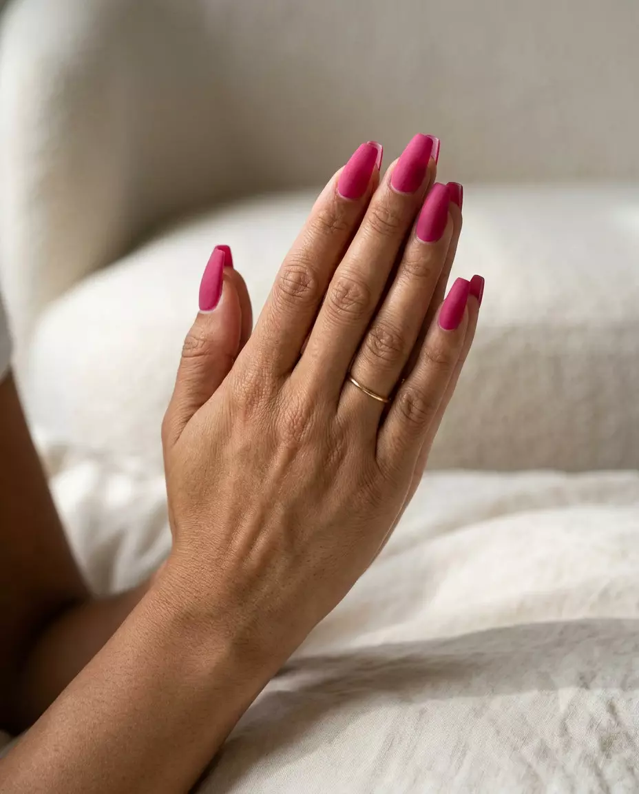 Summer Colorful Nails 2026: Hot Pink Velvet Hot Pink Velvet Coffin nails: Summer colorful nails designs 2026 for date nights, parties, glamorous events. Sultry & bold.
