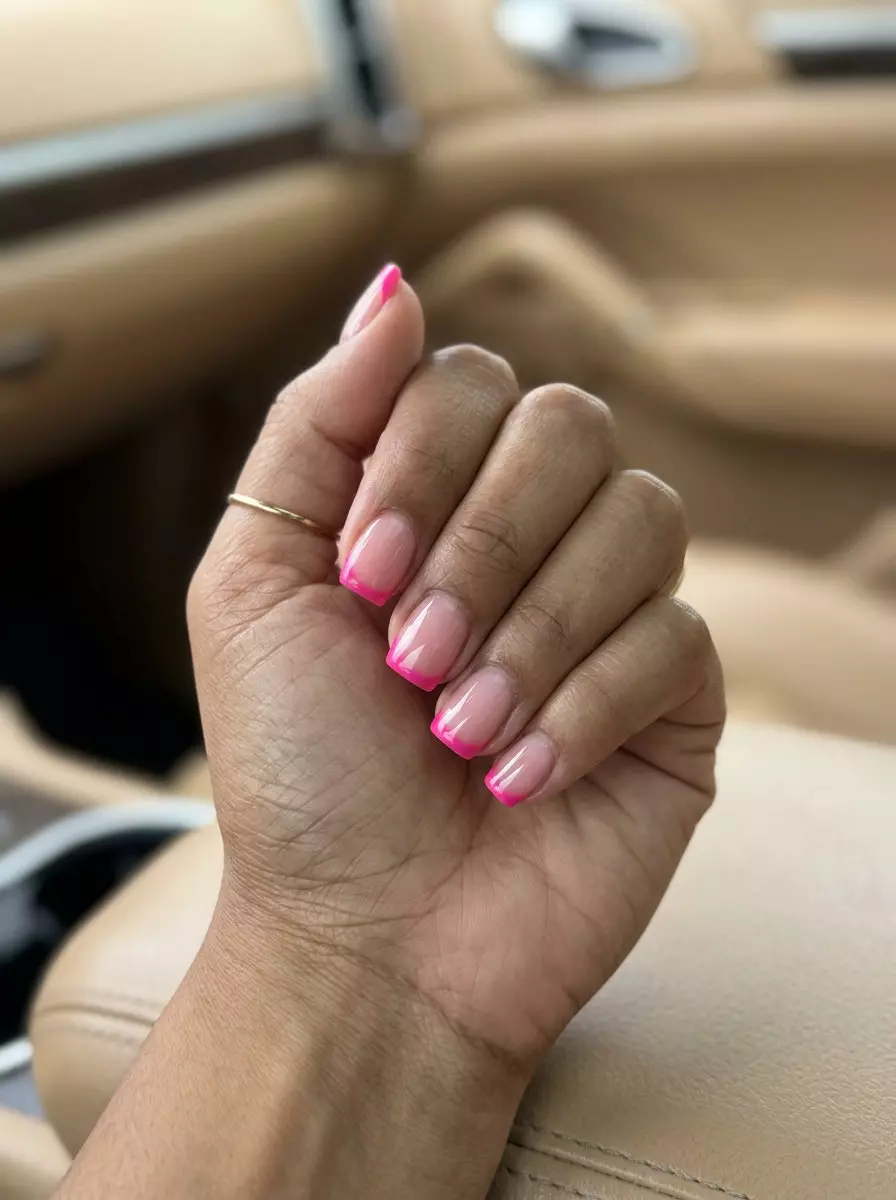 Summer Colorful Nails Designs 2026: Micro French Playful hot pink micro French tip square nails for summer colorful nails designs 2026. Chic casual weekend style.