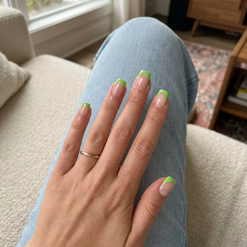 Summer Colorful Nails Designs 2026: Negative Space Modern lime green negative space French tips for summer colorful nails designs 2026. Clean, chic casual and work style.