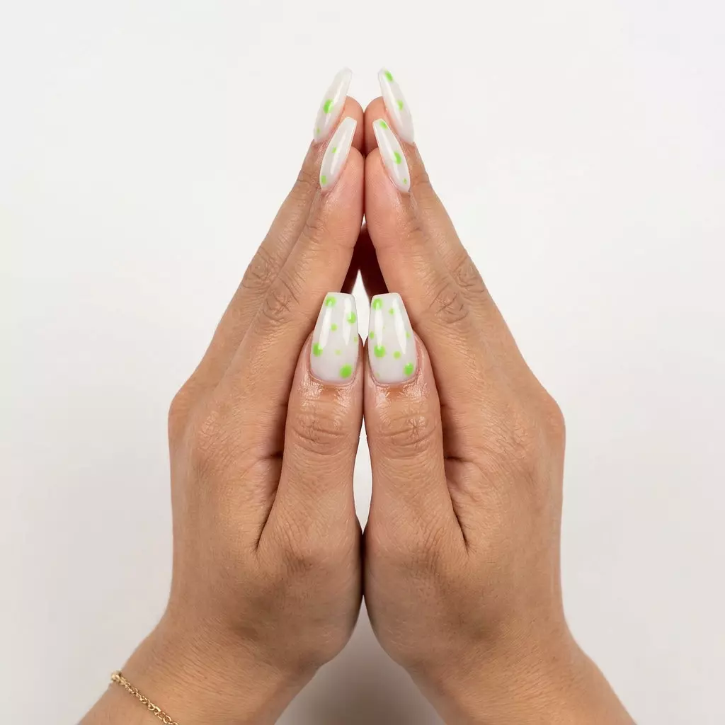 Summer Colorful Nails Designs 2026: Polka Dot Milky white and lime green polka dot coffin nails for summer colorful nails designs 2026. Playful, sweet weekend outing style.