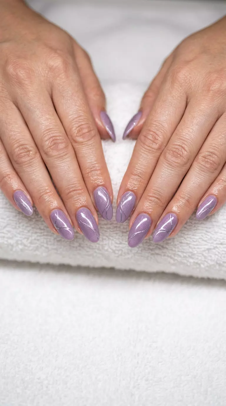 Summer Colorful Nails 2026: Shimmering Lavender Shimmering Lavender Lines Oval nails: Summer colorful nails designs 2026 for weddings, date nights, special events. Romantic & ethereal.
