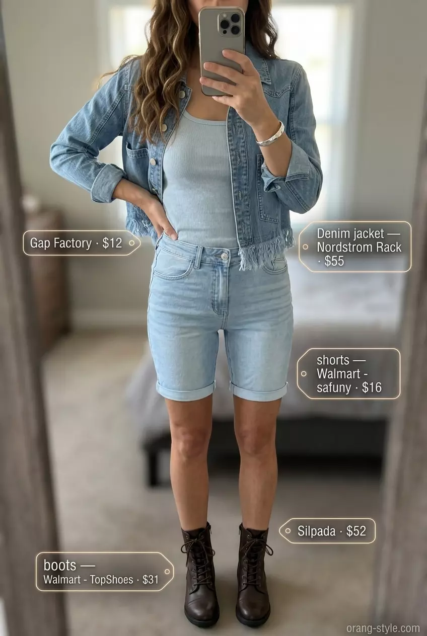Edgy summer denim jacket outfit with distressed denim shorts, white tank, and combat boots for a beach bonfire.