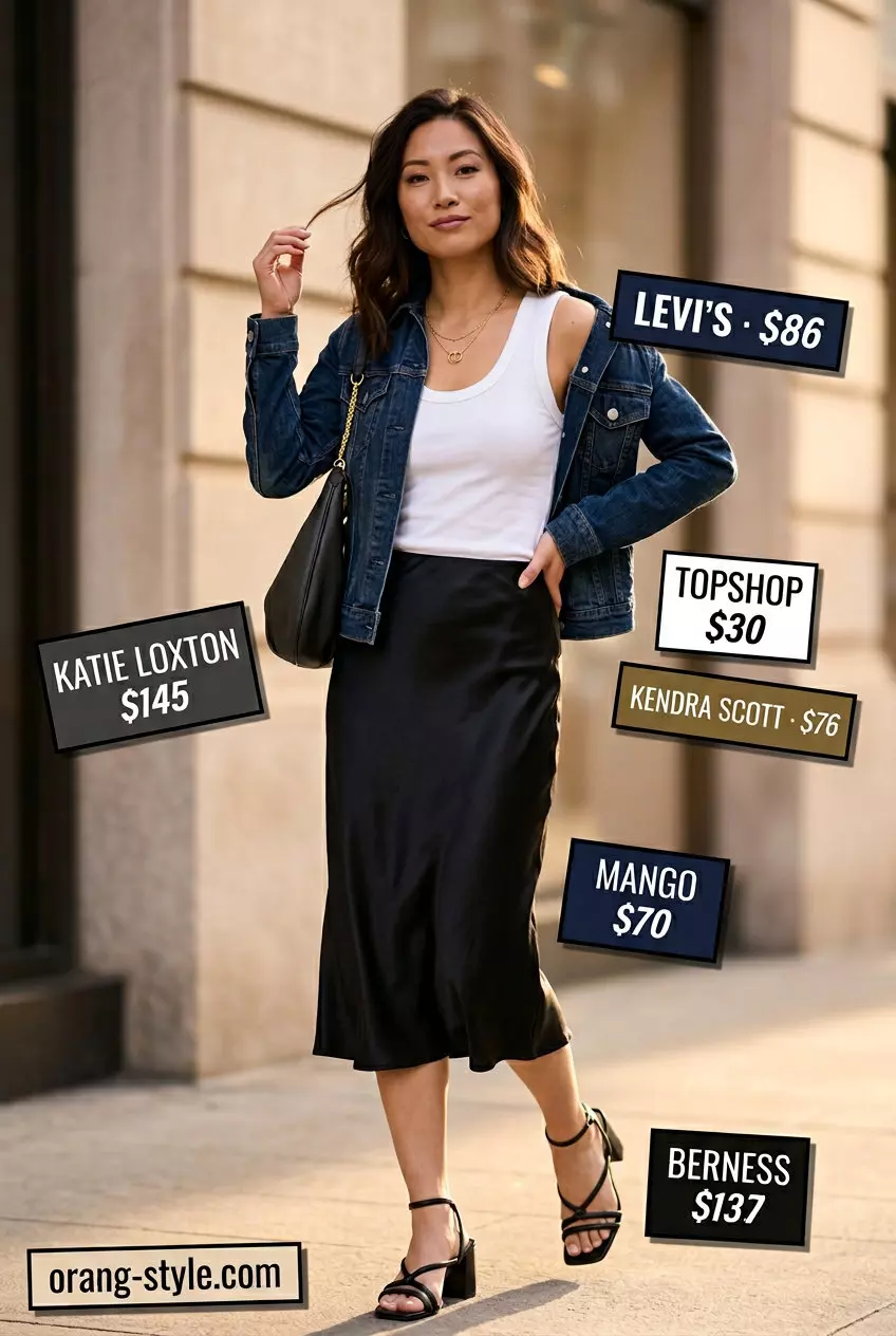 Summer Denim Jacket Outfits for Women 2026: City evening outfit with dark indigo denim jacket, black satin midi skirt, white tank, and strappy heels.