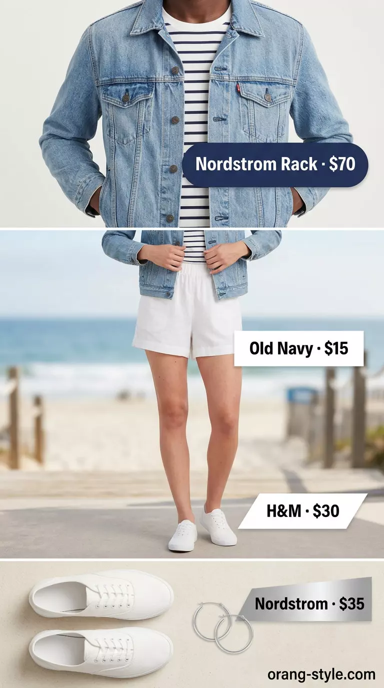 Summer Denim Jacket Outfits for Women 2026: Coastal breeze outfit with light blue denim jacket, striped tee, white linen shorts, and straw tote.