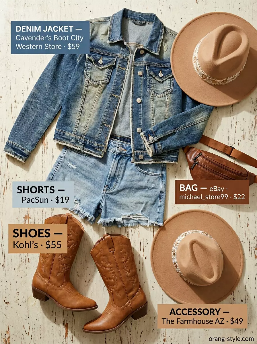 Summer Denim Jacket Outfits for Women 2026: Festival ready outfit with distressed denim jacket, crochet top, denim shorts, cowboy boots, and wide-brimmed hat.