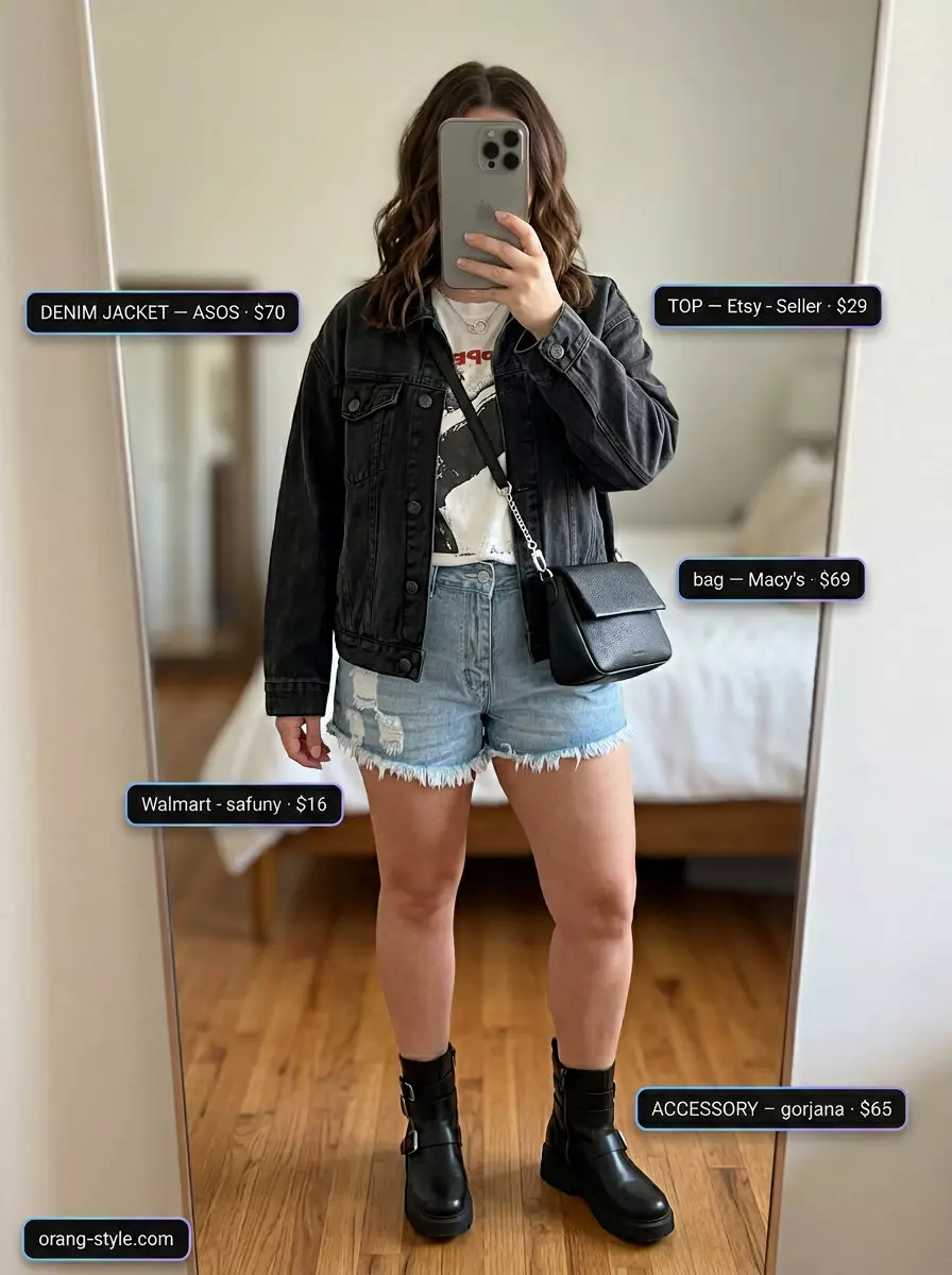 Edgy festival outfit with black denim jacket, denim shorts, graphic tee, and platform boots.