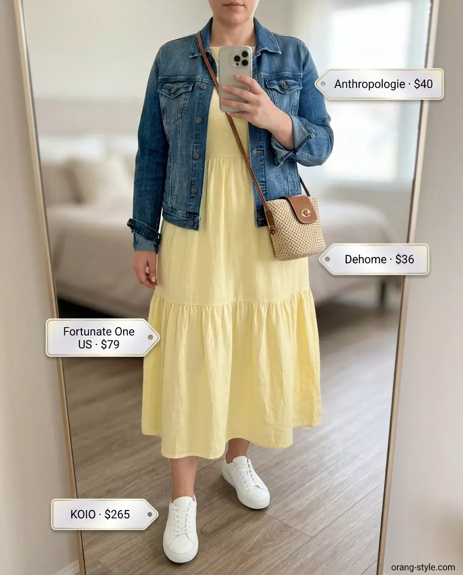 Sunny yellow midi dress paired with a light wash denim jacket and white sneakers for a golden hour brunch.