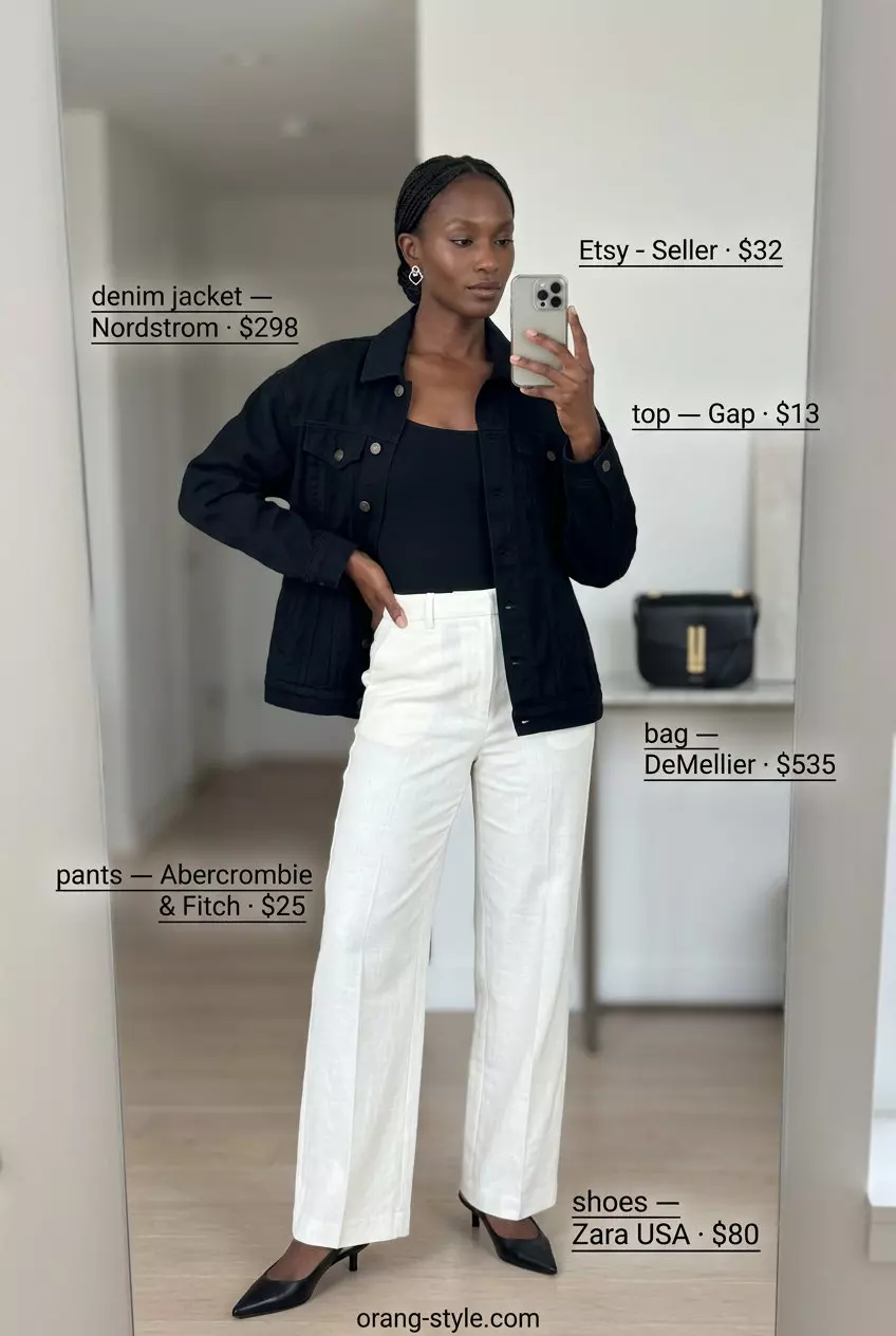 Sophisticated summer denim jacket outfit with tailored black jacket, cream wide-leg trousers, and heels.