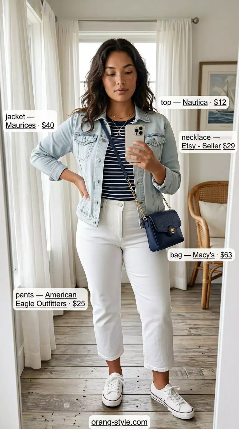 Classic summer denim jacket outfit with white capris, striped tee, and espadrille wedges for a nautical day.