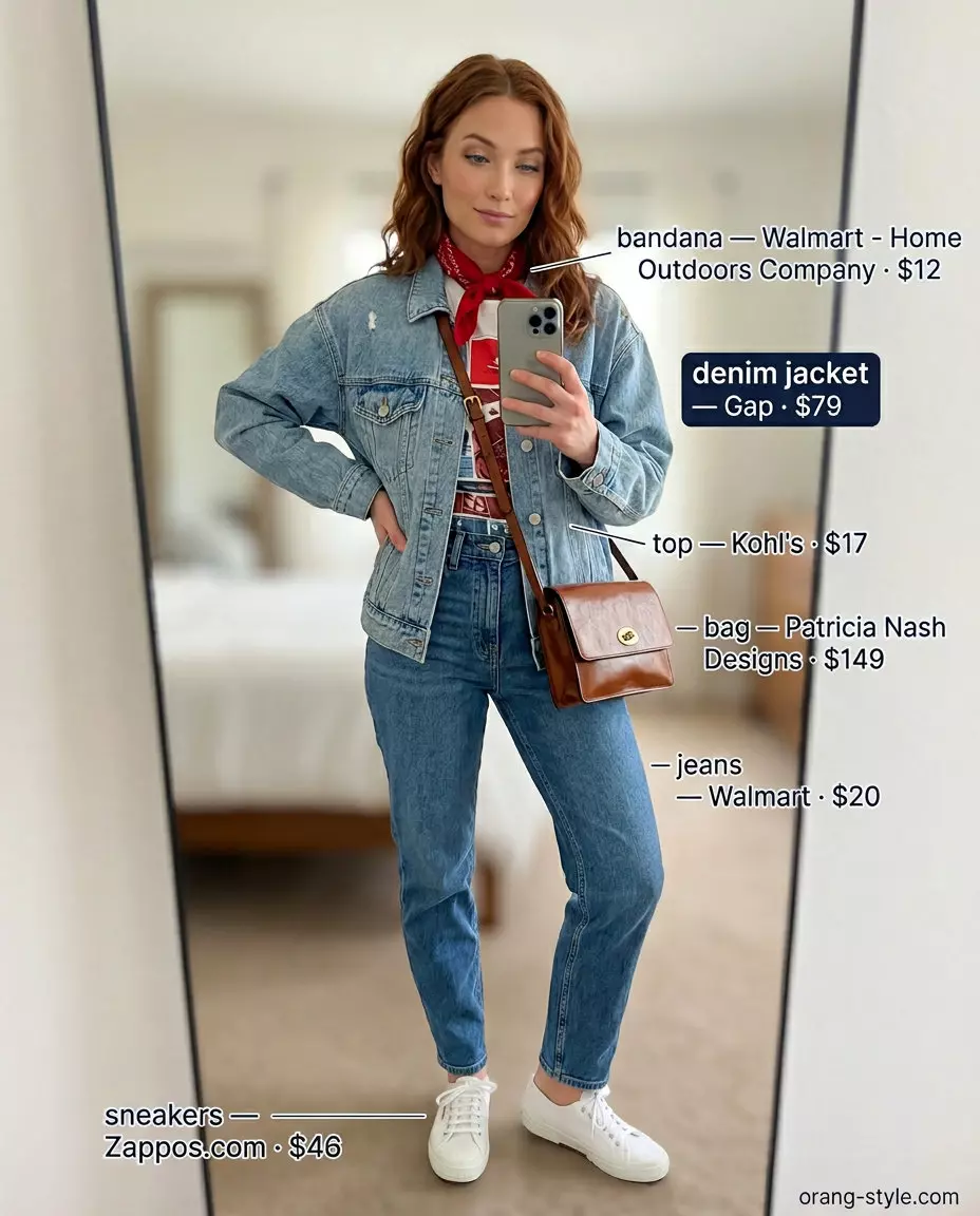 Cool retro summer denim jacket outfit with mom jeans, graphic tee, and bandana for a casual weekend.