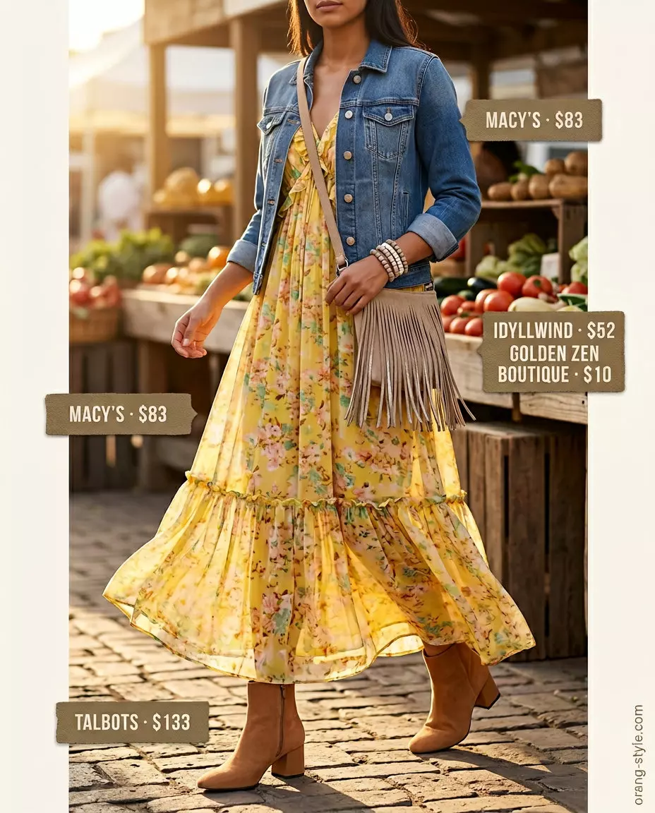 Summer Denim Jacket Outfits for Women 2026: Bohemian weekend outfit with floral maxi dress, denim jacket (not pictured), suede boots, and fringe bag.