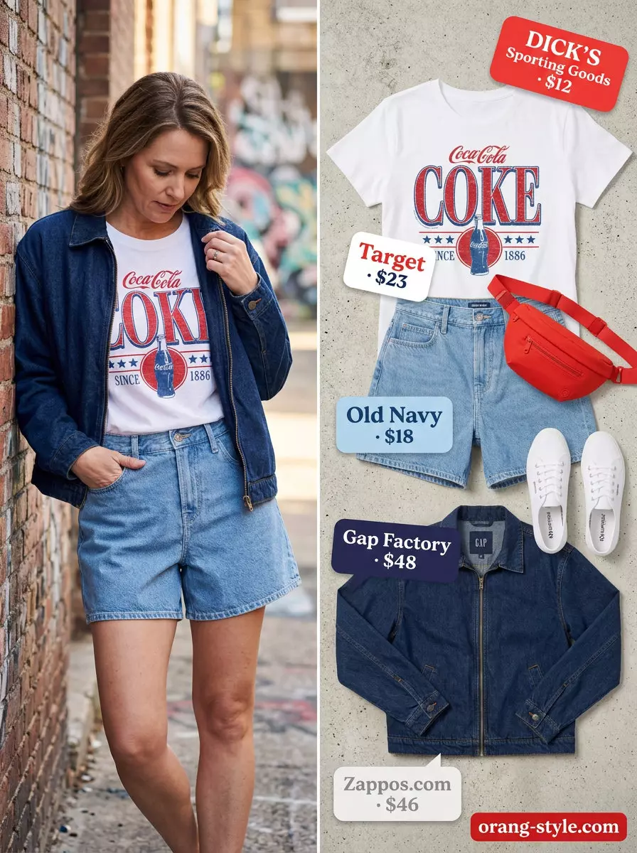 Casual weekend denim jacket outfit for women 2026: medium blue jacket, graphic tee, denim shorts, sneakers.