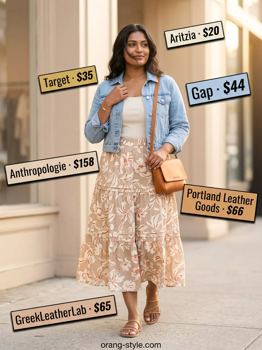 Elevated summer denim jacket outfit for women 2026: light blue jacket, maxi skirt, knit top, sandals.